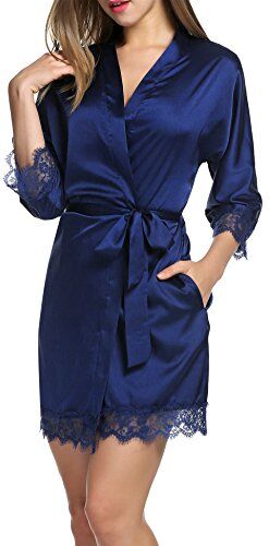 Balancora Vestaglia da donna Accappatoio in raso Kimono sexy con tasche Vestaglia corta con cintura Camicia da notte per pigiameria da sposa con pizzo Blu Navy S