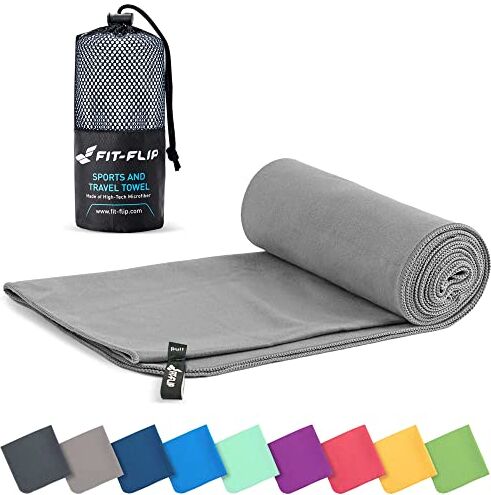 Fit-Flip Asciugamano Microfibra Asciugamano Palestra Compatto e Ultraleggero Asciugamani Microfibra Il Perfetto Telo Mare Microfibra Grande per Viaggio e Sport (100x200cm Grigio + Borsa)