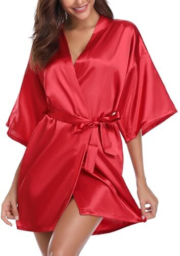 Vlazom Kimono in Raso da Donna, Accappatoi e Vestaglie Satin Sexy Pigiama Kimono Scollo V con Tasche Cintura per Sposa Camicia da Notte,XL,Vino rosso