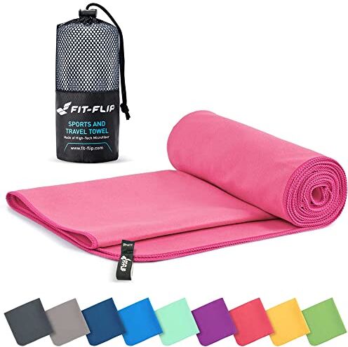 Fit-Flip Asciugamano Microfibra Asciugamano Palestra Compatto e Ultraleggero Asciugamani Microfibra Il Perfetto Telo Mare Microfibra Grande per Viaggio e Sport (90x180cm Rosa + Borsa)