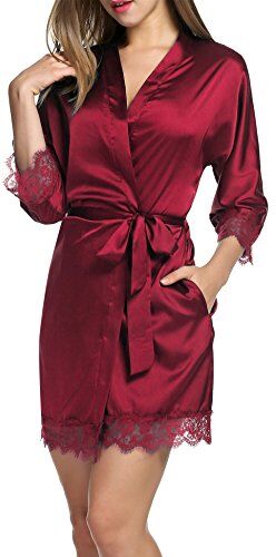 Balancora Vestaglia da donna Accappatoio in raso Kimono sexy con tasche Vestaglia corta con cintura Camicia da notte per pigiameria da sposa con pizzo vino rosso XXL