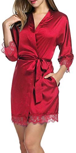 Balancora Vestaglia da donna Accappatoio in raso Kimono sexy con tasche Vestaglia corta con cintura Camicia da notte per pigiameria da sposa con pizzo rosso XXL