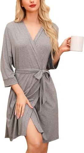 Lovasy Accappatoio Corto da Donna Stampato Vestaglie Morbido e Leggero Abiti kimono in Maglia Lunghezza del Ginocchio Loungewear con Scollo a V e Cintura A Grigio XXL