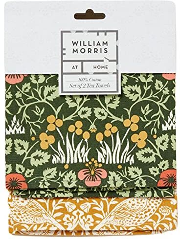 William Morris At Home Utile e bello, set di 2 strofinacci da cucina in 100% cotone, 65 x 44,5 cm, fiori rosa e giallo su fondo verde intenso e crema su sfondo oro,