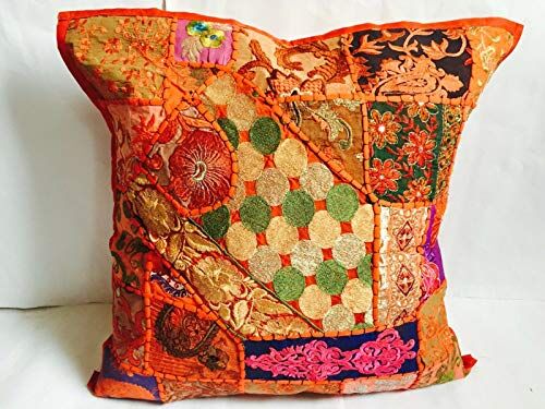 Bazzaree Copricuscino indiano decorativo quadrato tradizionale fatto a mano, patchwork/ricamato vintage, 61 x 61 cm (rosso),