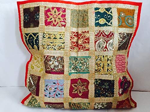 Bazzaree Copricuscino decorativo indiano fatto a mano, quadrato, tradizionale, patchwork, ricamato, vintage, 61 x 61 cm (rosso)