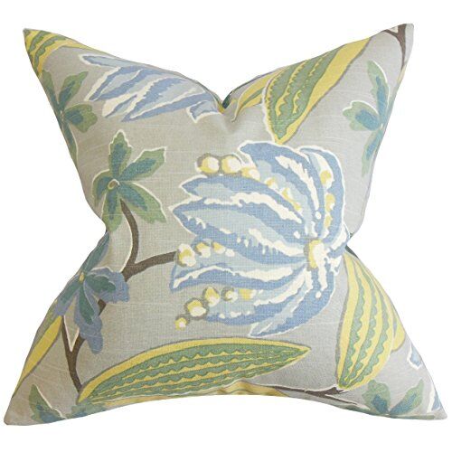 The Pillow Collection Averill-Copricuscino Floreale, Cotone, Blu, 46 x 46 cm