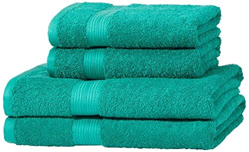 Amazon Basics 4 unità asciugamano da bagno e per le mani che non sbiadiscono, 2 Corpo & 2 Mani, Verde Turchese, 70 L x 60 D cm