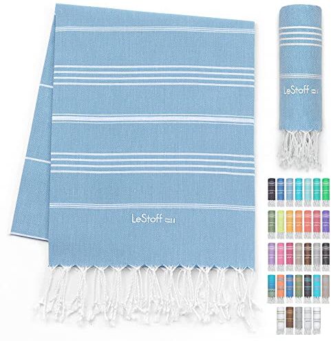 LeStoff Asciugamano Hammam Premium Sostenibile, Assorbente e ad Asciugatura Rapida 100% Cotone Biologico Asciugamano per Spiaggia, Bagno, Doccia, Yoga, Spa e Viaggio 95 x 180 cm Light Blue