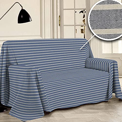 PENSIERI DELICATI Telo Copridivano 220 x 290 cm Made in Italy, Telo Copritutto 100% Cotone Puro Riciclato Tinto in Filo, Fantasia a Righe Blu, Ideale Come Telo Arredo, Salva Divano, Coperta Picnic