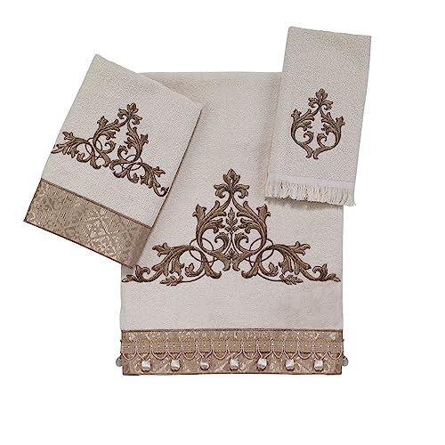Avanti Linens Set di 3 asciugamani in cotone morbido e assorbente, accessori da bagno ricamati (collezione Monaco, avorio)