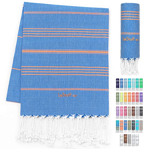 LeStoff Telo Mare Fouta Telo da Bagno XXL 100% Organico Cotone di Alta qualità Asciugamano Turco Hammam Super Assorbenza Asciugatura Rapida Ecologico prelavati 95 x 180 cm Sky Blue Orange