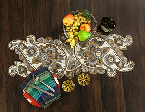 Homebia Designs Runner da tavola con perline color avorio e oro, lungo 91 cm, bellissimo design cachemire elegante, decorativo per tavolo da pranzo, Pasqua, fattoria, soggiorno, matrimoni, feste, Capodanno, 33 x 91