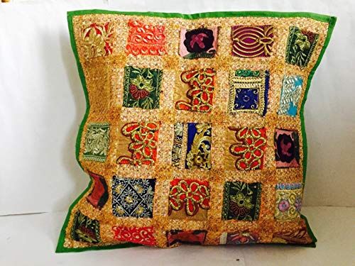 Bazzaree Copricuscino decorativo indiano fatto a mano, quadrato, tradizionale, patchwork, ricamato, vintage, 61 x 61 cm (verde pappagallo)