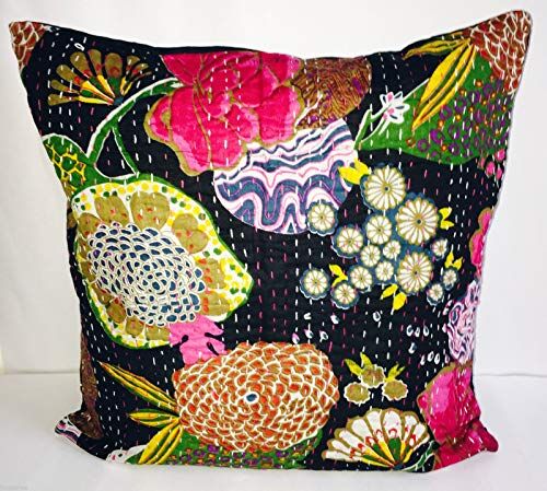 Bazzaree Copricuscino indiano etnico in cotone floreale ananas Kantha fatto a mano 16 x 16 40 cm (nero)