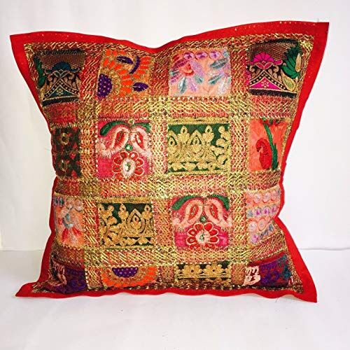 Bazzaree Copricuscini indiani patchwork sari etnico vintage, Cotone, Rosso, 16" x 16" or 40 cm x 40 cm