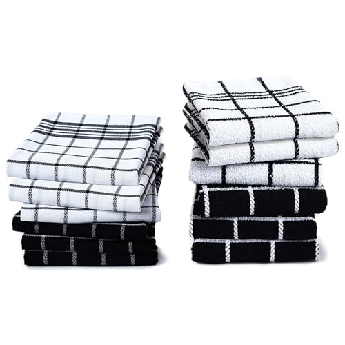 Encasa Set di asciugamani da cucina in spugna 70x45 cm Panno assorbente multiuso, asciugamano riutilizzabile e strofinaccio (confezione da 12 Combinazione nera)