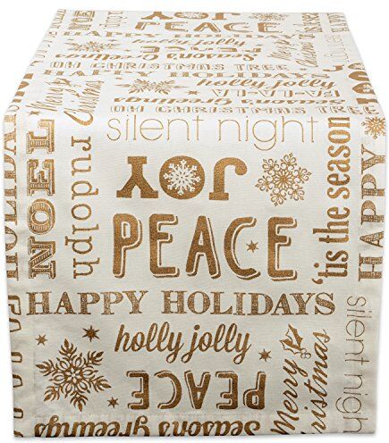 DII 100% Cotone, Lavabile in Lavatrice, Stampato Metallico tovaglia Vacanza – 132,1 x 132,1 cm 4 posti., Christmas Collage Gold, Table Runner 14x72