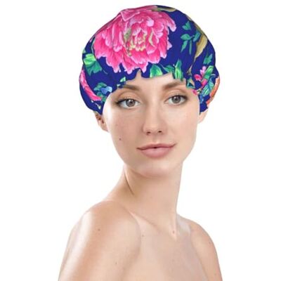 woodlogic Cuffia da doccia impermeabile a doppio strato con stampa floreale di peonie e foglie su sfondo blu. woodlogic Cuffia da doccia impermeabile a doppio strato con stampa floreale di peonie e foglie su sfondo blu.
