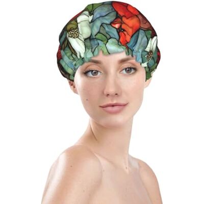 asbwuo Cuffia da a impermeabile con fodera a doppio strato, stampa di due uccelli rossi e fiori bianchi in vetro colorato asbwuo Cuffia da a impermeabile con fodera a doppio strato, stampa di due uccelli rossi e fiori bianchi in vetro colorato