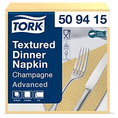Tork Tovagliolo Dinner Textured Goffrato Champagne Advanced, 2 Veli, Piegato in 4, 18 Pacchi x 50 Tovaglioli, 900 Pezzi, 38 cm Lunghezza x 39 cm Larghezza Tork Tovagliolo Dinner Textured Goffrato Champagne Advanced, 2 Veli, Piegato in 4, 18 Pacchi x 50 Tovaglioli, 900 Pezzi, 38 cm Lunghezza x 39 cm Larghezza
