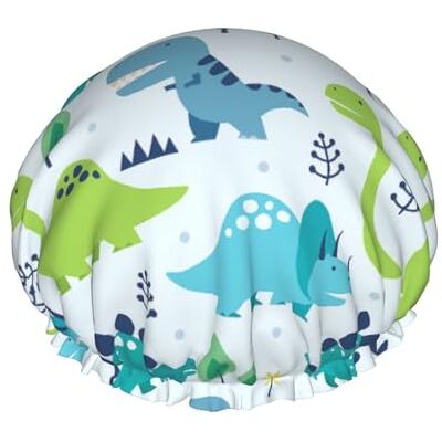 woodlogic Cuffia da doccia con motivo dinosauro e albero verde blu in stile cartone animato, design a doppio strato, riutilizz woodlogic Cuffia da doccia con motivo dinosauro e albero verde blu in stile cartone animato, design a doppio strato, riutilizz