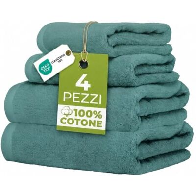 Ruggeri Set 4 Asciugamani Bagno 2 Viso + 2 Ospite, Cotone 500 gr, Verde 500 g/m, tessuto Dobby, 2 viso 50x100 cm, 2 ospite 40x50 cm, lavabile in lavatrice, 100% Cotone Ruggeri Set 4 Asciugamani Bagno 2 Viso + 2 Ospite, Cotone 500 gr, Verde 500 g/m, tessuto Dobby, 2 viso 50x100 cm, 2 ospite 40x50 cm, lavabile in lavatrice, 100% Cotone