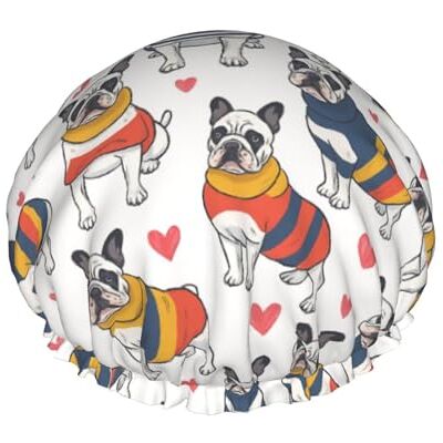 woodlogic Cuffia da doccia con bulldog francese e cuore, design a doppio strato, riutilizzabile, impermeabile, comoda ed eleg ante. woodlogic Cuffia da doccia con bulldog francese e cuore, design a doppio strato, riutilizzabile, impermeabile, comoda ed eleg ante.