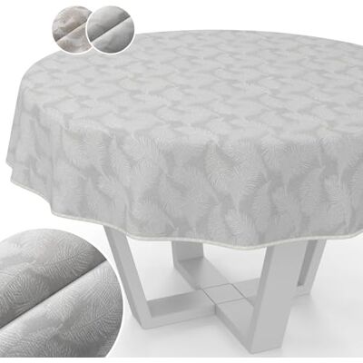 ANRO Tovaglia in tessuto lavabile, in lurex, rivestita in teflon, facile da pulire, effetto loto, resistente allo sporco e all'acqua, foglie floreali, rotonde, 140 cm, con orlo (orlato), argento ANRO Tovaglia in tessuto lavabile, in lurex, rivestita in teflon, facile da pulire, effetto loto, resistente allo sporco e all'acqua, foglie floreali, rotonde, 140 cm, con orlo (orlato), argento