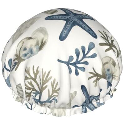 woodlogic Cuffia da doccia blu e bianca con conchiglie stelle marine, design a doppio strato, riutilizzabile, impermeabile, comoda ed woodlogic Cuffia da doccia blu e bianca con conchiglie stelle marine, design a doppio strato, riutilizzabile, impermeabile, comoda ed