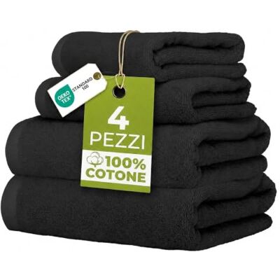 Ruggeri Set 4 Asciugamani Bagno 2 Viso + 2 Ospite, Cotone 500 gr, Nero 500 g/m, tessuto Dobby, 2 viso 50x100 cm, 2 ospite 40x50 cm, lavabile in lavatrice, 100% Cotone Ruggeri Set 4 Asciugamani Bagno 2 Viso + 2 Ospite, Cotone 500 gr, Nero 500 g/m, tessuto Dobby, 2 viso 50x100 cm, 2 ospite 40x50 cm, lavabile in lavatrice, 100% Cotone