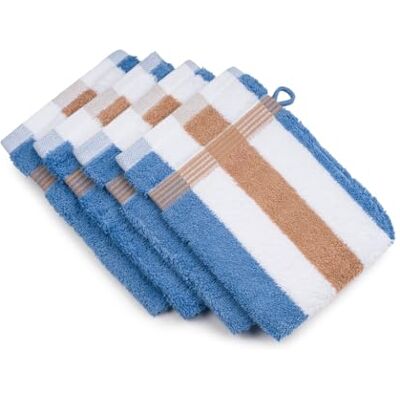 Gözze Guanto da Bagno a Righe New York, Set da 2 Pezzi, Morbido e Assorbente, 100% Cotone, 17 x 24 cm Marrone/Bianco/Blu Fiordo Gözze Guanto da Bagno a Righe New York, Set da 2 Pezzi, Morbido e Assorbente, 100% Cotone, 17 x 24 cm Marrone/Bianco/Blu Fiordo