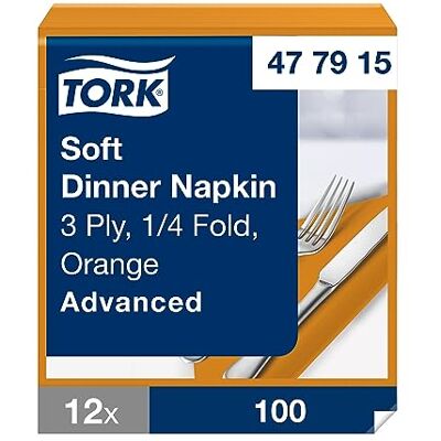 Tork Tovagliolo Dinner Soft arancione Advanced, 3 veli, 12 pacchi x 100 tovaglioli (1200pz), 39 cm (lungh.) x 39 cm (largh.) Tork Tovagliolo Dinner Soft arancione Advanced, 3 veli, 12 pacchi x 100 tovaglioli (1200pz), 39 cm (lungh.) x 39 cm (largh.)
