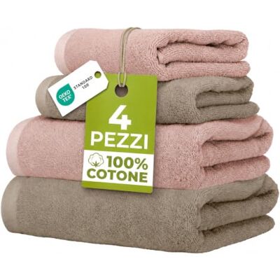 Ruggeri Set 4 Asciugamani Bagno 2 Viso + 2 Ospite, Cotone, Rosa e Tortora 500 g/m, tessuto Dobby, 2 viso 50x100 cm, 2 ospite 40x50 cm, lavabile in lavatrice, 100% Cotone Ruggeri Set 4 Asciugamani Bagno 2 Viso + 2 Ospite, Cotone, Rosa e Tortora 500 g/m, tessuto Dobby, 2 viso 50x100 cm, 2 ospite 40x50 cm, lavabile in lavatrice, 100% Cotone