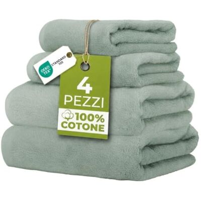 Ruggeri Set 4 Asciugamani Bagno 2 Viso + 2 Ospite, Cotone 500 gr, Salvia 500 g/m, tessuto Dobby, 2 viso 50x100 cm, 2 ospite 40x50 cm, lavabile in lavatrice, 100% Cotone Ruggeri Set 4 Asciugamani Bagno 2 Viso + 2 Ospite, Cotone 500 gr, Salvia 500 g/m, tessuto Dobby, 2 viso 50x100 cm, 2 ospite 40x50 cm, lavabile in lavatrice, 100% Cotone