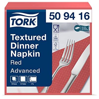 Tork Tovagliolo Dinner Textured Goffrato Rosso Advanced, 2 Veli, Piegato in 4, 18 Pacchi x 50 Tovaglioli, 900 Pezzi, 38 cm Lunghezza x 39 cm Larghezza Tork Tovagliolo Dinner Textured Goffrato Rosso Advanced, 2 Veli, Piegato in 4, 18 Pacchi x 50 Tovaglioli, 900 Pezzi, 38 cm Lunghezza x 39 cm Larghezza