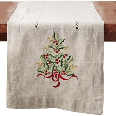 SARO LIFESTYLE 60041.N16108B Holly Collection Christmas Tree Embroidered Table Runner, naturale, 16" x 90 SARO LIFESTYLE 60041.N16108B Holly Collection Christmas Tree Embroidered Table Runner, naturale, 16" x 90