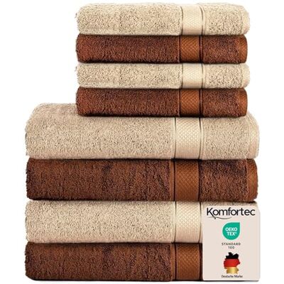 Komfortec Set di 8 asciugamani in 100% cotone, 4 teli da bagno 70 x 140 cm e 4 asciugamani da 50 x 100 cm, in spugna, morbido, asciugamano grande, marrone/beige Komfortec Set di 8 asciugamani in 100% cotone, 4 teli da bagno 70 x 140 cm e 4 asciugamani da 50 x 100 cm, in spugna, morbido, asciugamano grande, marrone/beige