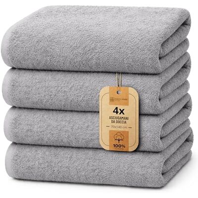 NatureMark Set da 4 teli doccia – teli doccia morbidi e assorbenti in 100% cotone, adatti all’uso quotidiano – Grigio Argento, 70x140 cm NatureMark Set da 4 teli doccia – teli doccia morbidi e assorbenti in 100% cotone, adatti all’uso quotidiano – Grigio Argento, 70x140 cm
