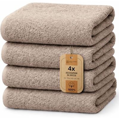 NatureMark Set da 4 teli doccia – teli doccia morbidi e assorbenti in 100% cotone, adatti all’uso quotidiano – Sabbia/Beige, 70x140 cm NatureMark Set da 4 teli doccia – teli doccia morbidi e assorbenti in 100% cotone, adatti all’uso quotidiano – Sabbia/Beige, 70x140 cm