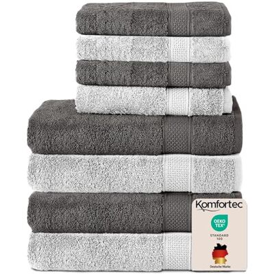 Komfortec Set di 8 asciugamani in 100% cotone, 4 teli da bagno 70 x 140 e 4 asciugamani da 50 x 100 cm, spugna, morbido, Towel, grande, antracite/bianco Komfortec Set di 8 asciugamani in 100% cotone, 4 teli da bagno 70 x 140 e 4 asciugamani da 50 x 100 cm, spugna, morbido, Towel, grande, antracite/bianco