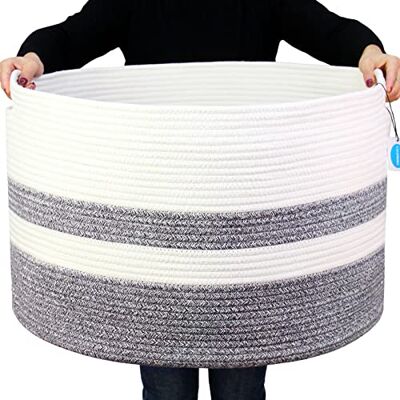 Casaphoria Cesta portaoggetti in corda di cotone, misura XXXL, per soggiorno, con manico, per coperte, asciugamani e cuscini, cesto per la biancheria, bianco e grigio (55,9 cm x 55,9 cm x 35,6 cm) Casaphoria Cesta portaoggetti in corda di cotone, misura XXXL, per soggiorno, con manico, per coperte, asciugamani e cuscini, cesto per la biancheria, bianco e grigio (55,9 cm x 55,9 cm x 35,6 cm)