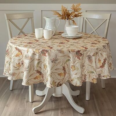 Benson Mills Natures Leaves Jacquard Printed Fabric Tablecloth, 52-inch-by-70-inch, Cotone, Cream, 70RD Benson Mills Natures Leaves Jacquard Printed Fabric Tablecloth, 52-inch-by-70-inch, Cotone, Cream, 70RD