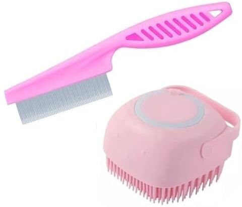 Generico Spazzola da bagno in gomma siliconica per cani e gatti, spazzola dispenser per shampoo e per massaggiare gli animali domestici, igiene e pulizia del pelo di cani e gatti (PINK)