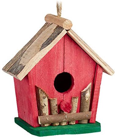 Relaxdays Casetta per Uccelli, Mangiatoia, da Appendere, Balcone e Giardino, Legno, Decor, HLP 18x17x11 cm, Rosso/Verde