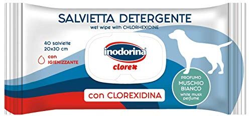 Inodorina , Salviette Clorex, Salviette Detergenti e Igienizzanti a Base di Clorexidina, per Profonda Igiene Quotidiana del Cane, Ideali per Utilizzo Fuori Casa, Profumazione Muschio Bianco, 40 pezzi