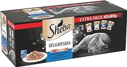 Sheba Delicatesses – Sacchetti freschi, in salsa, selezione di pesci per gatti adulti, 40 x 85 g