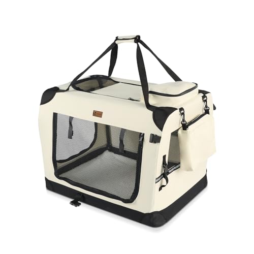 VOUNOT Trasportino per Cani Gatti Borsa da Trasporto Cane con Materasso Morbido Striscia Riflettente, Box Scatola Pieghevole Viaggio per Animali Domestici, Portabile Traspirante, (S) 50x35x36cm Beige