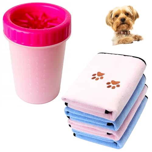 Generico Tazza LavaZampe+Telo Microfibra 50x90 cm, Spazzola Interno In Silicone, Universale Cani Taglia Grande Media Piccola, Pulizia Zampa Artigli Sporchi Pioggia Fango (ROSA con TELO)