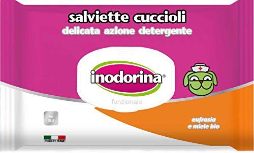 Inodorina , Salviette Funzionali Cuccioli, Realizzate in Tessuto Resistente, Delicata Azione Detergente, con Sostanze Naturali Biologiche, Uso Quotidiano, Eufrasia e Miele Bio, 40 pezzi